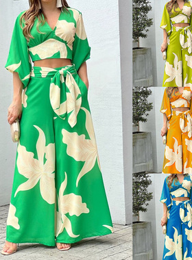 Autumn new V-neck lantern sleeve short top two-piece set