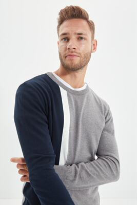 ndyol Male Bicycle Lapel Paneled Knitwear Sweater TMNAW21KZ0