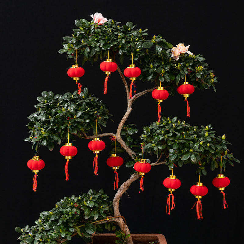 迷你装饰品植绒小灯笼挂饰2023新款新年2024大红院子绿植树上挂件