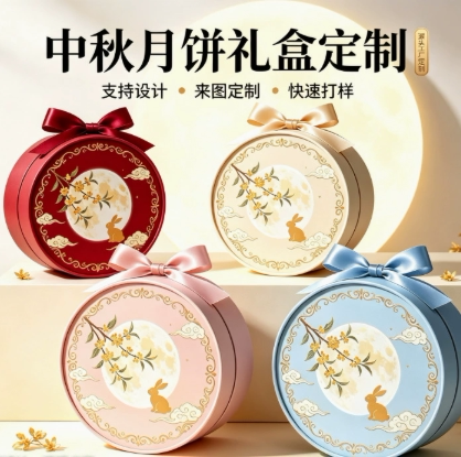 中秋节抱抱桶商场公司学校节日创意新款高级圆形月饼丝带礼盒定制