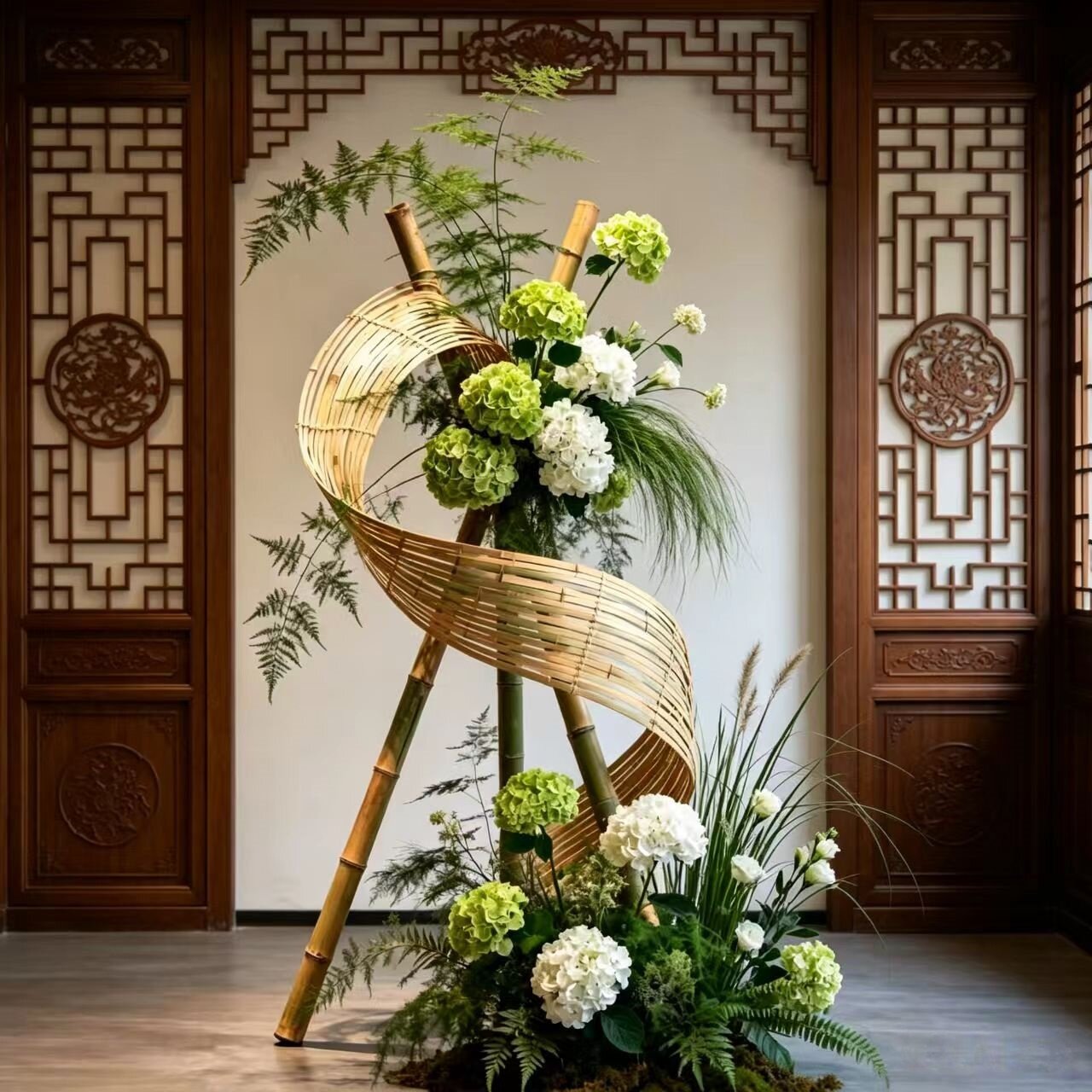中式迎宾装饰花艺竹编美陈竹花架