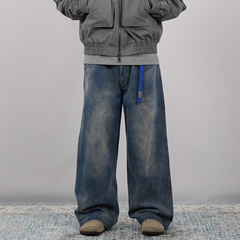 PROCANO25AW雪花炒色水洗做旧宽松直筒阔腿休闲复古素色牛仔长裤