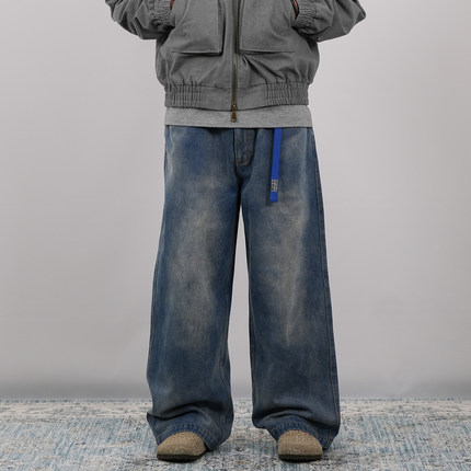 PROCANO25AW雪花炒色水洗做旧宽松直筒阔腿休闲复古素色牛仔长裤