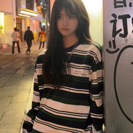 Procano 23AW日系复古刺绣圆领宽松休闲条纹长袖T恤百搭男女卫衣