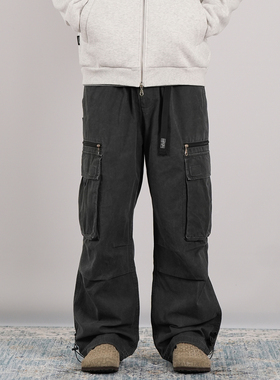 PROCANO暴力水洗褪色炒色面包拉链做旧洗褪工艺大口袋直筒工装裤