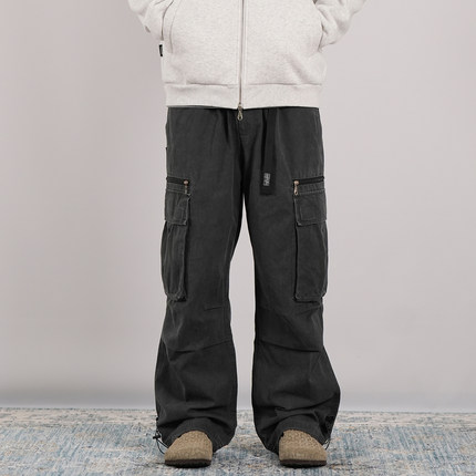 PROCANO暴力水洗褪色炒色面包拉链做旧洗褪工艺大口袋直筒工装裤