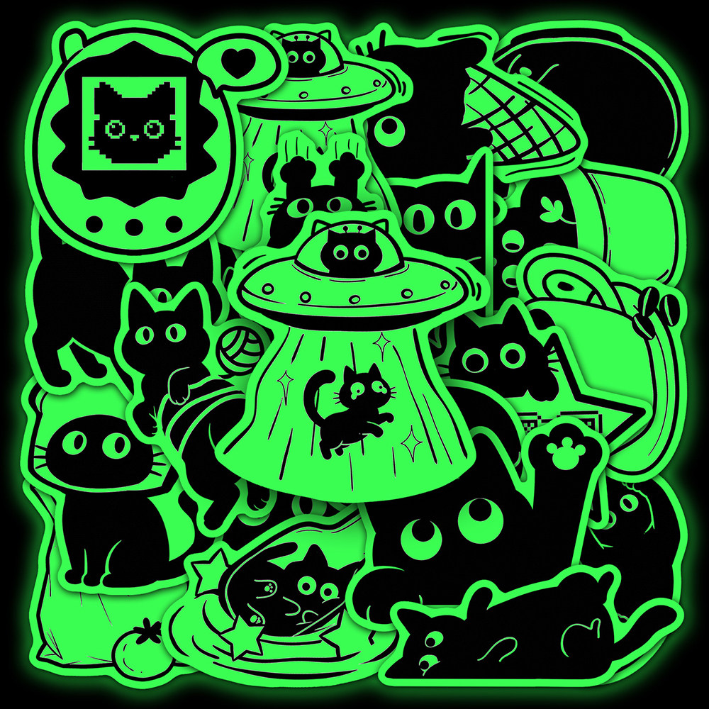 20张手绘小黑猫夜光贴纸可爱搞怪小猫图案装饰墙面贴画可发光