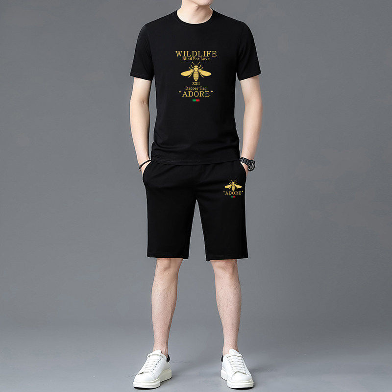 高端夏季休闲运动套装男2026新款潮牌印花冰丝薄款短袖短裤两件套