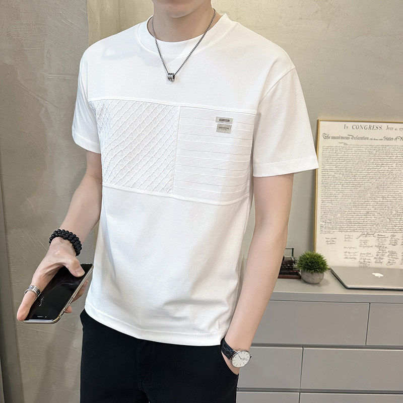2026夏季新款拼接条纹圆领短袖男冰丝棉潮牌修身凉感白色男士T恤