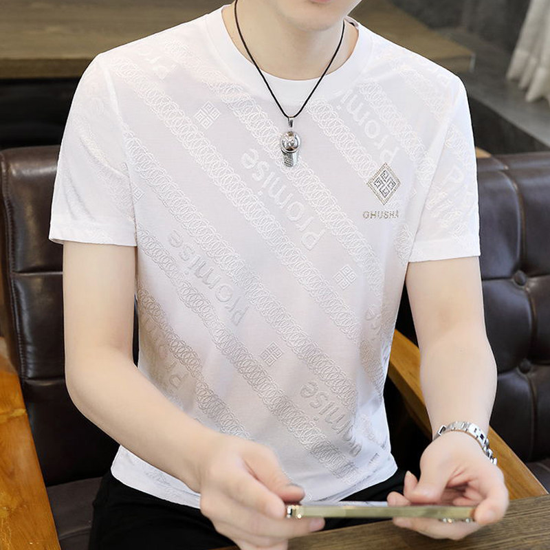 品牌冰丝短袖t恤男2025夏季新款烫钻薄款潮流男士圆领修身体恤帅
