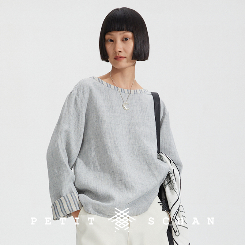 小闪法国色纺纯亚麻长袖罩衫