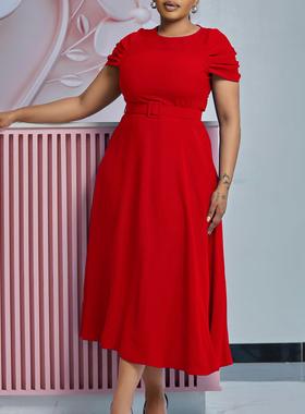 big size women casual dress Plus Size Ladies withe belt red