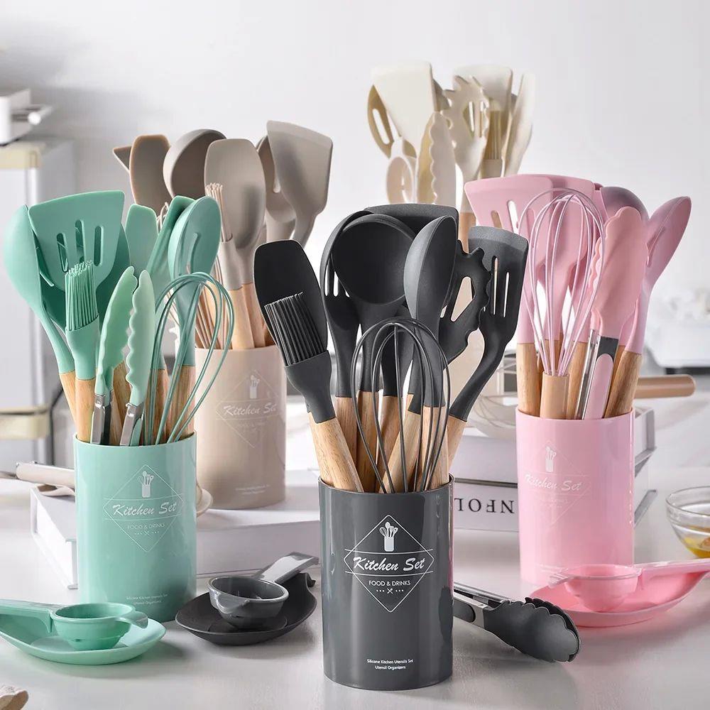 12Pcs Silicone Cooking Utensils Set Wooden Handle Kitchen Co