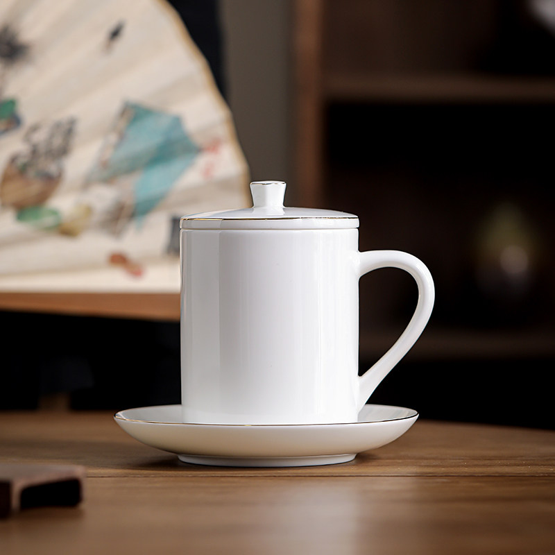 羊脂玉白瓷茶杯陶瓷水杯带盖子家用泡茶杯高档个人杯会议办公杯定