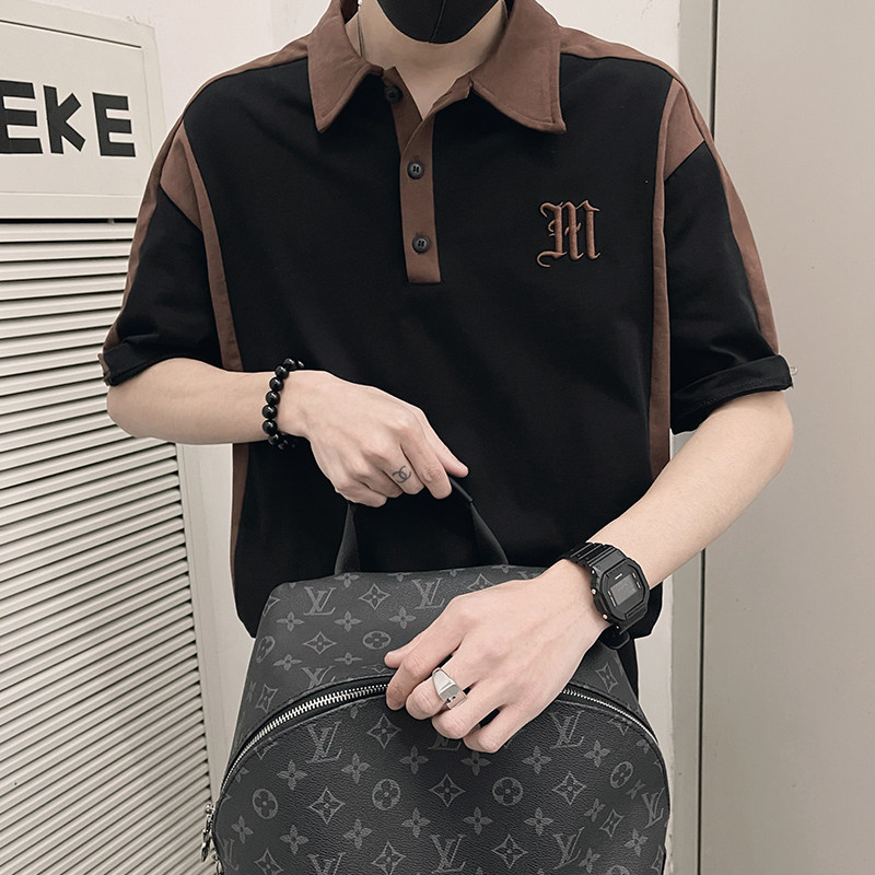 T11/特P58控78夏季拼色刺绣字母潮牌POLO领短袖T恤男社会小伙黑,男装T恤,电商A366