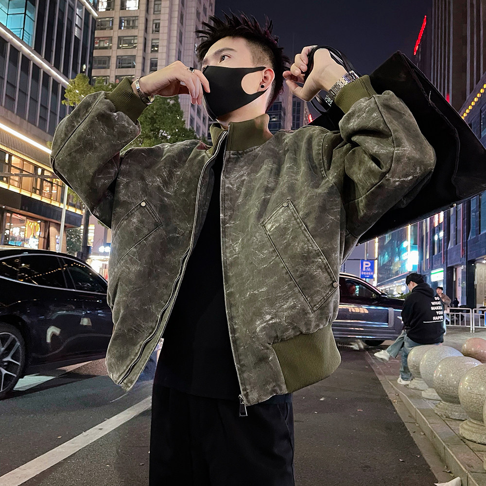 A62/P178控238潮牌秋冬男士短款洗水牛仔痞帅加绒棉服外套彩绿1,男装棉衣,电商A366