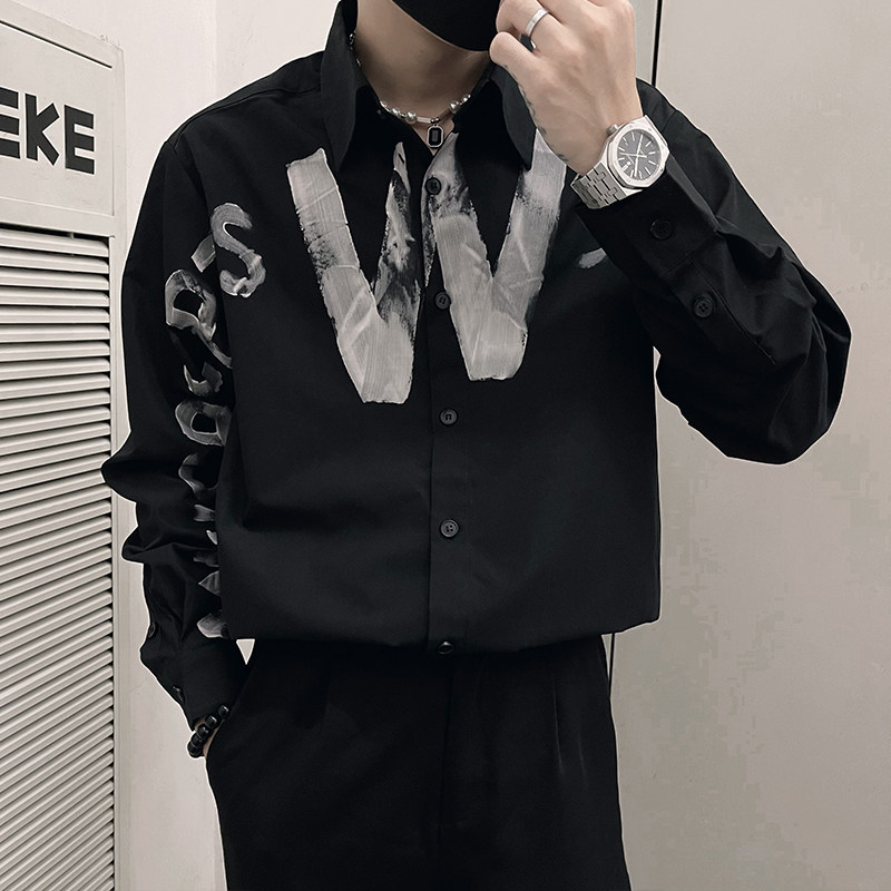 CS10/P75控105秋款长袖衬衫男潮牌设计感手绘小众涂鸦字母衬衣,男装衬衫,电商A366