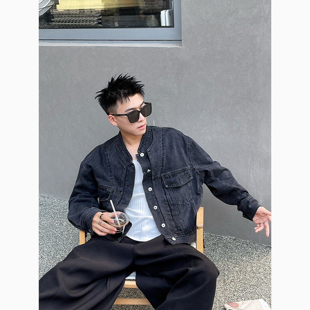 J71/特P138控178男士牛仔外套质感复古老钱风翻领休闲上衣咖2,男装工装外套,电商A366