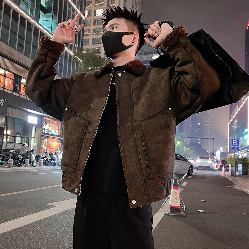 A63/P178控238男士秋冬款皮毛一体翻领男士保暖防寒外套咖2,男装棉衣,电商A366