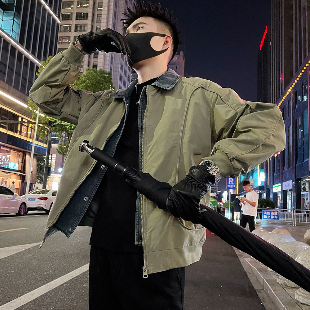 J70/P118控158假两件拼接外套男士秋季高级感牛仔翻领夹克上衣绿,男装工装外套,电商A366