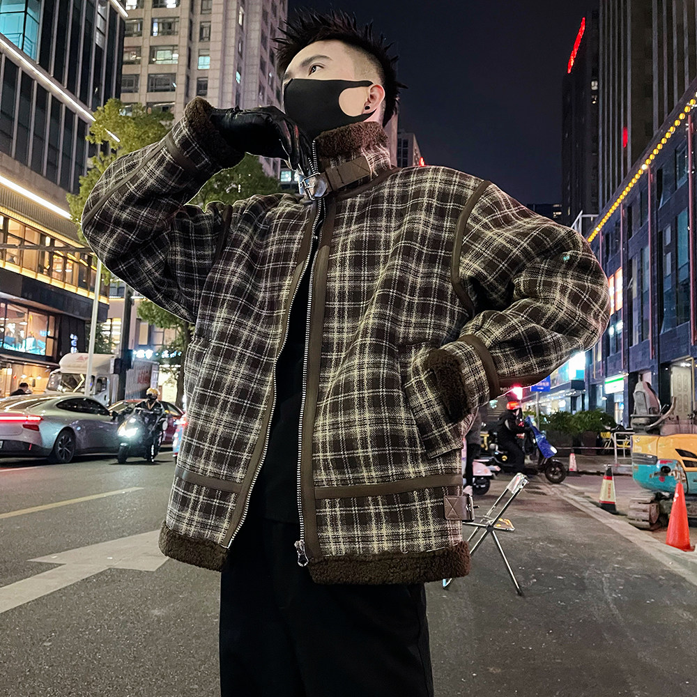 A65/178控238潮牌痞帅男士高级感皮毛一体翻领棉服外套上衣黑3,男装棉衣,电商A366