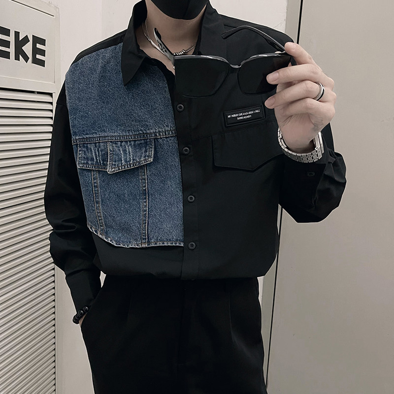特CS07/P68控98秋款长袖衬衫男潮牌痞帅休闲拼接牛仔外套上衣,男装衬衫,电商A366