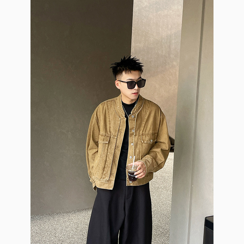 J71/特P138控178男士牛仔外套质感复古老钱风翻领休闲上衣黑1,男装工装外套,电商A366