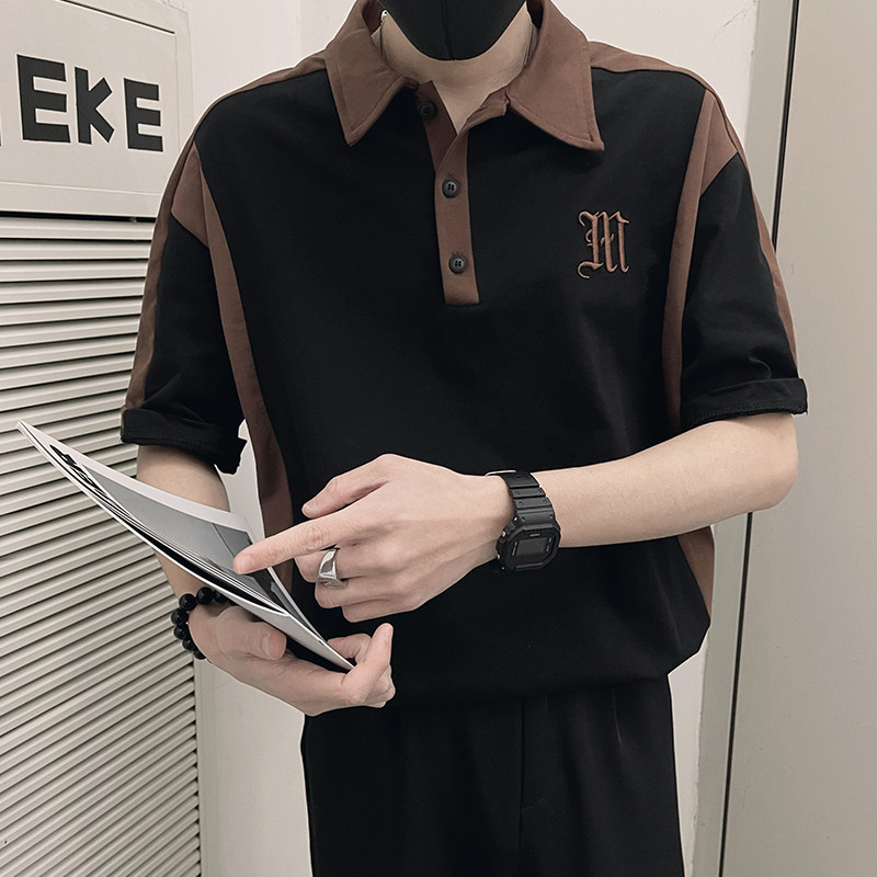 T11/特P58控78夏季拼色刺绣字母潮牌POLO领短袖T恤男社会小伙黑,男装T恤,电商A366