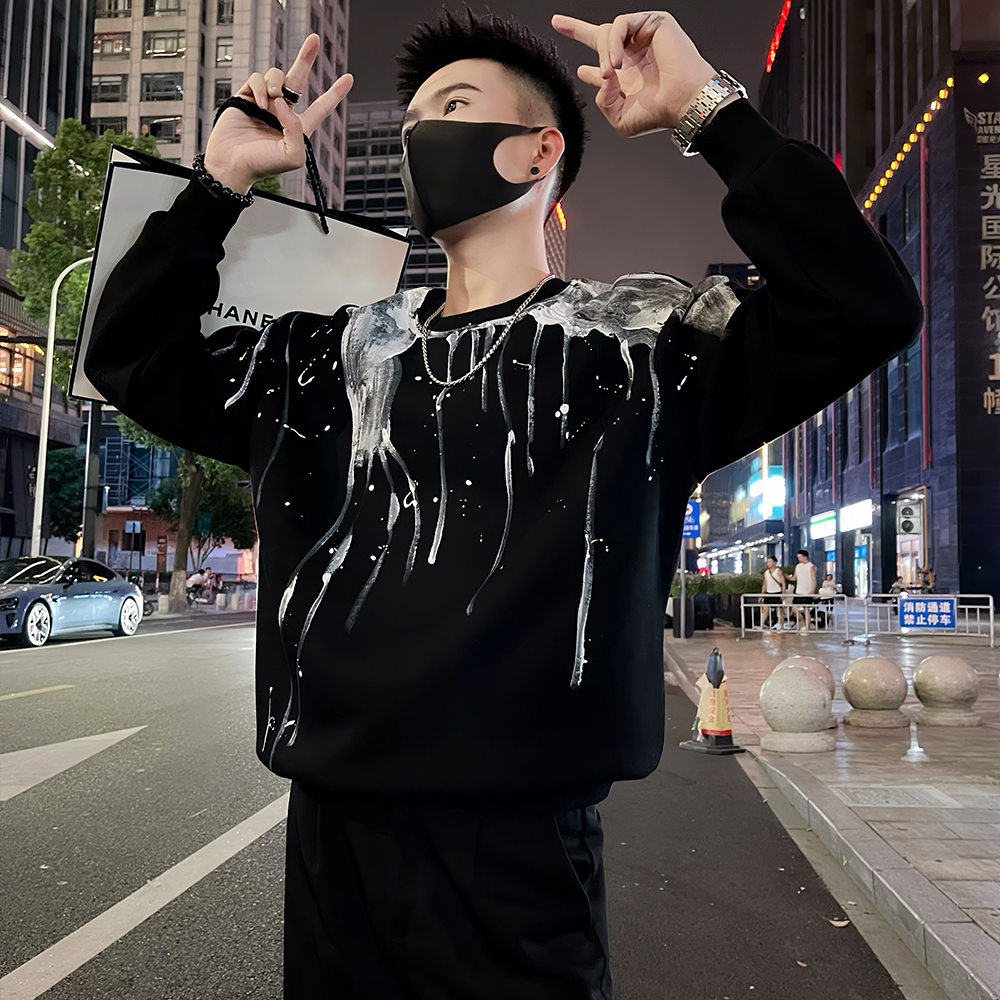 W101/P78控108潮牌痞帅卫衣男泼墨印花圆领长袖上衣休闲打底衫1，男装卫衣，电商A366