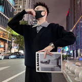 MY95/P98控138秋冬男士针织打底衫潮牌翻领撞色针织假两件上衣黑1,男装T恤,电商A366, MY95/P98控138秋冬男士针织打底衫潮牌翻领撞色针织假两件上衣黑1,男装T恤,电商A366,