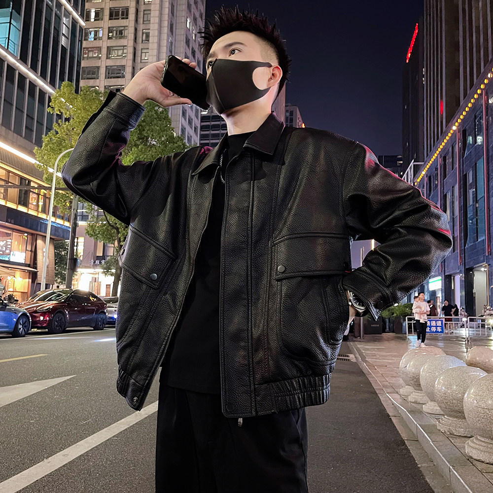 J72 特P138控178 秋款夹克外套男潮牌肌理感老钱风痞帅翻领皮衣2图片