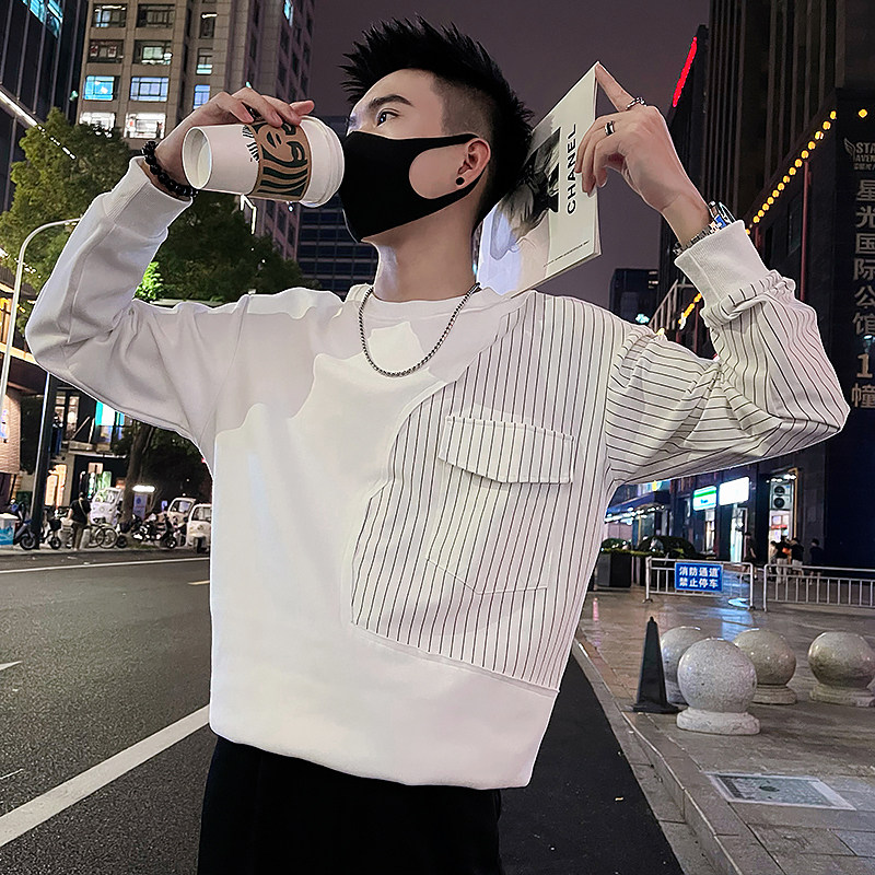 W39/特P55控75秋款美式潮牌设计师款条纹拼接圆领套头卫衣男白色,男装卫衣,电商A366