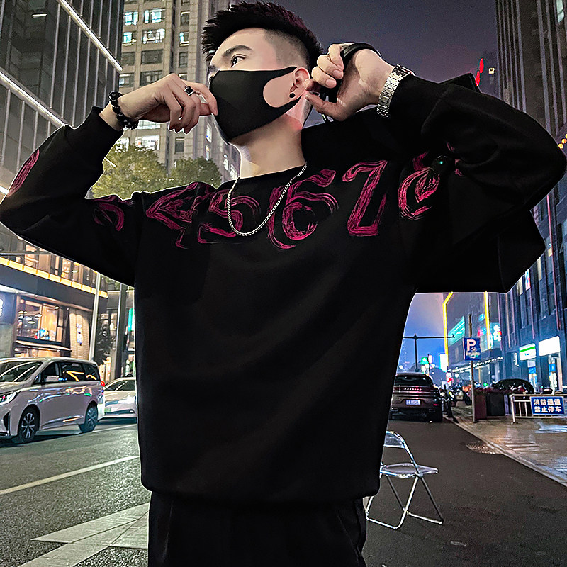 W80/P68控98春季潮牌设计师款数字印花高级感百搭卫衣社会小伙黑,男装卫衣,电商A366