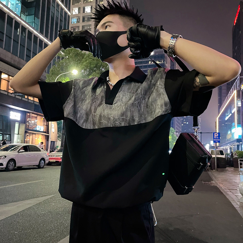 T271/P58控88夏季潮牌设计感冰丝翻领撞色男士短袖T恤衫半袖白1,男装T恤,电商A366