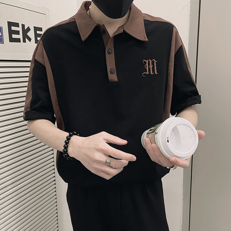 T11/特P58控78 夏季拼色刺绣字母潮牌POLO领短袖T恤男社会小伙黑图片