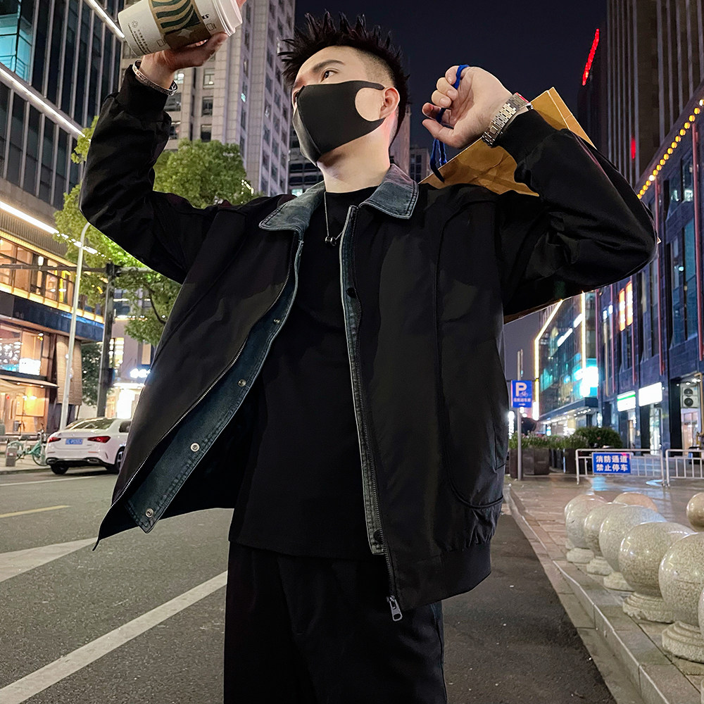 J70/P118控158假两件拼接外套男士秋季高级感牛仔翻领夹克上衣绿,男装工装外套,电商A366