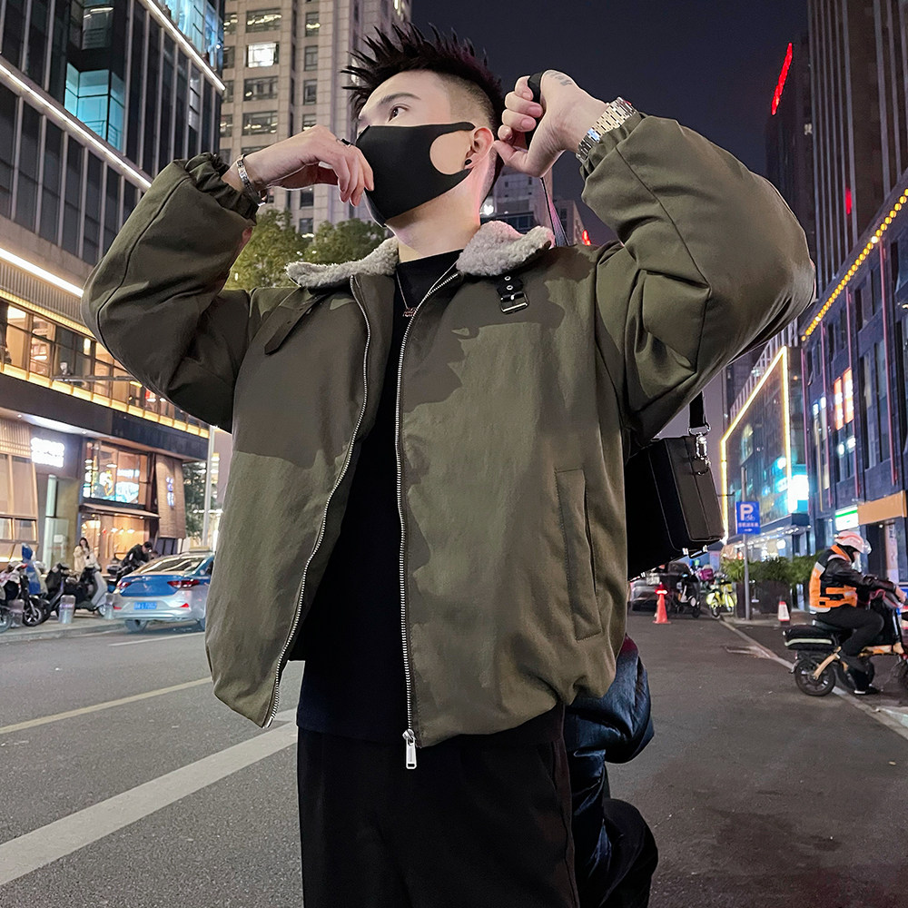 A67/P148控198潮牌秋冬款男士毛领棉服外套休闲痞帅上衣绿3,男装棉衣,电商A366