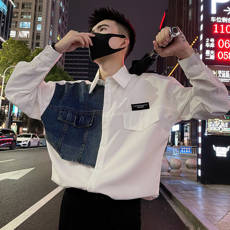 特CS07/P68控98秋款长袖衬衫男潮牌痞帅休闲拼接牛仔外套上衣,男装衬衫,电商A366
