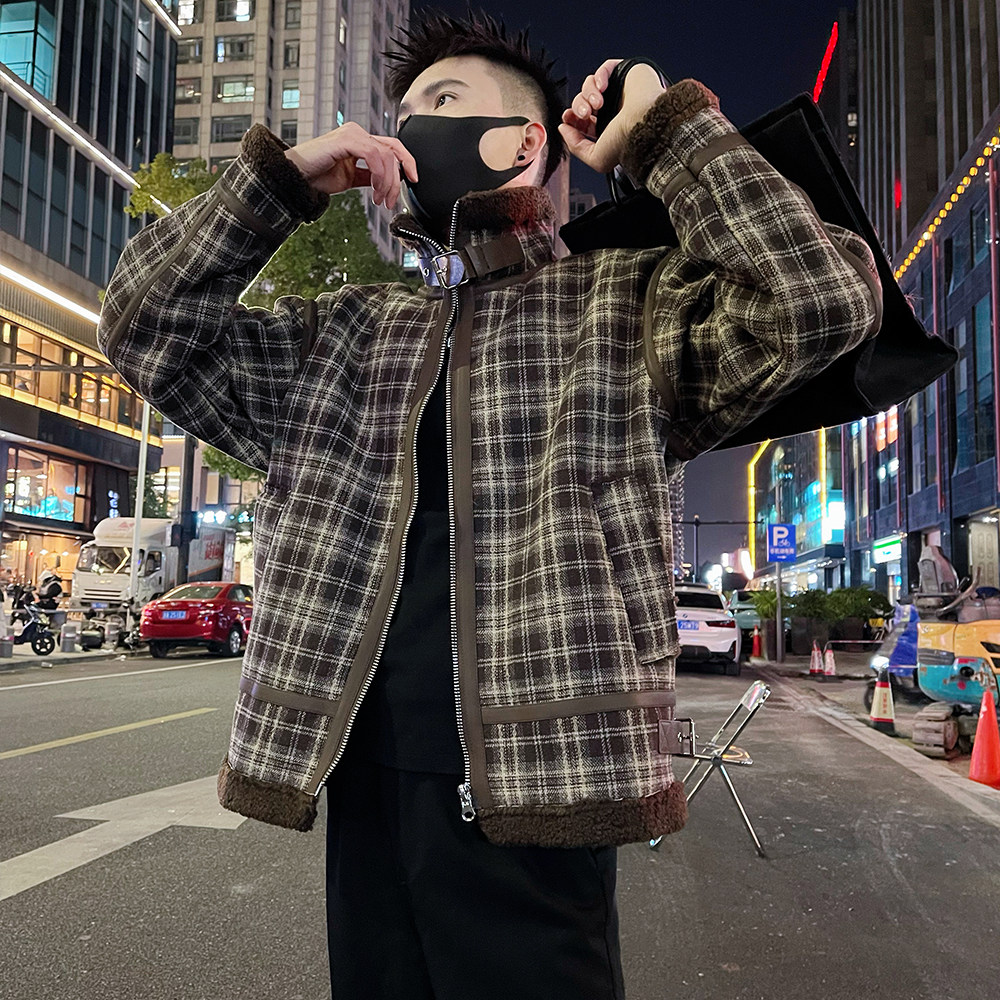 A65/178控238潮牌痞帅男士高级感皮毛一体翻领棉服外套上衣咖3,男装棉衣,电商A366
