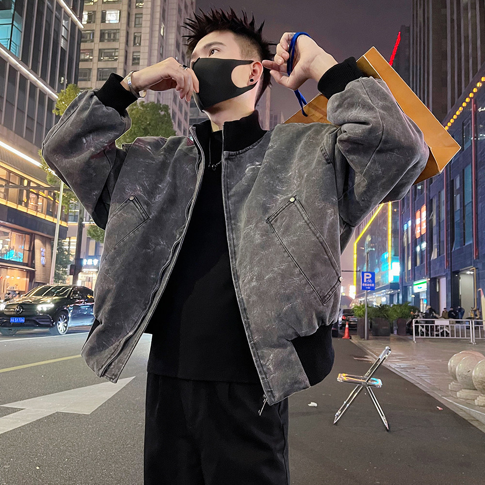 A62/P178控238潮牌秋冬男士短款洗水牛仔痞帅加绒棉服外套黑灰3,男装棉衣,电商A366