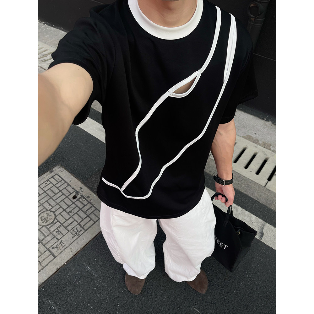 T277/P58控78夏季短袖T恤男潮牌设计感明线拼接休闲半袖上衣黑1,男装T恤,电商A366