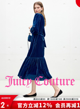 Juicy Couture橘滋连衣裙女蓝色高级缎光丝绒长袖收腰系带长裙