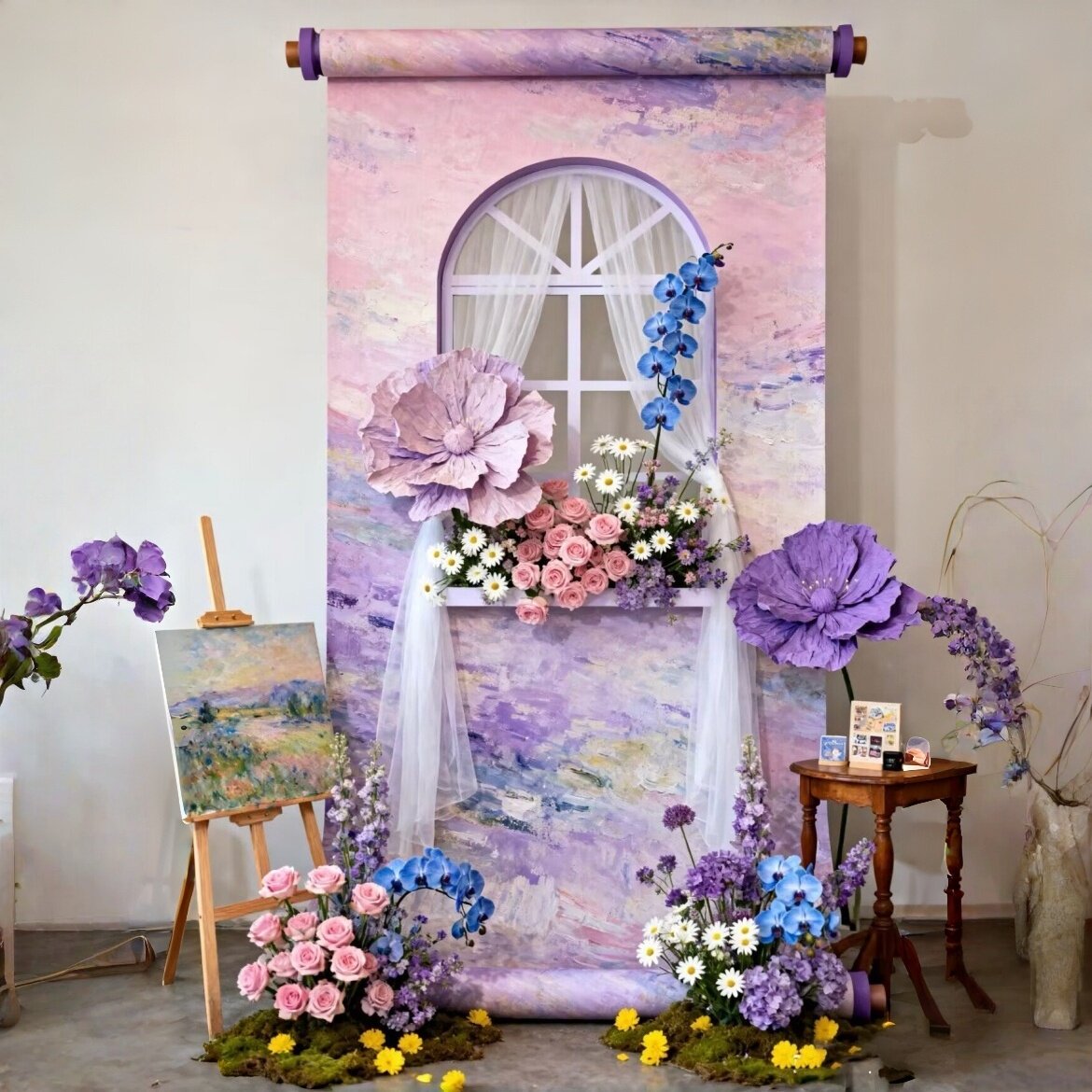 油画风紫色蓝色系卷轴仿真花艺美陈商场画廊商铺橱窗造景打卡道具