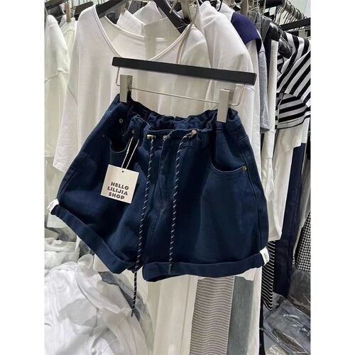 高腰牛仔抽绳松紧阔腿休闲短裤 Plain-colored drawstring shorts