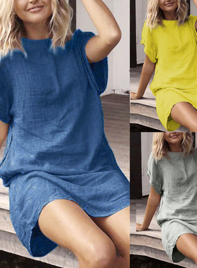 Solid-color casual short-sleeved dress  纯色休闲短袖连衣裙女