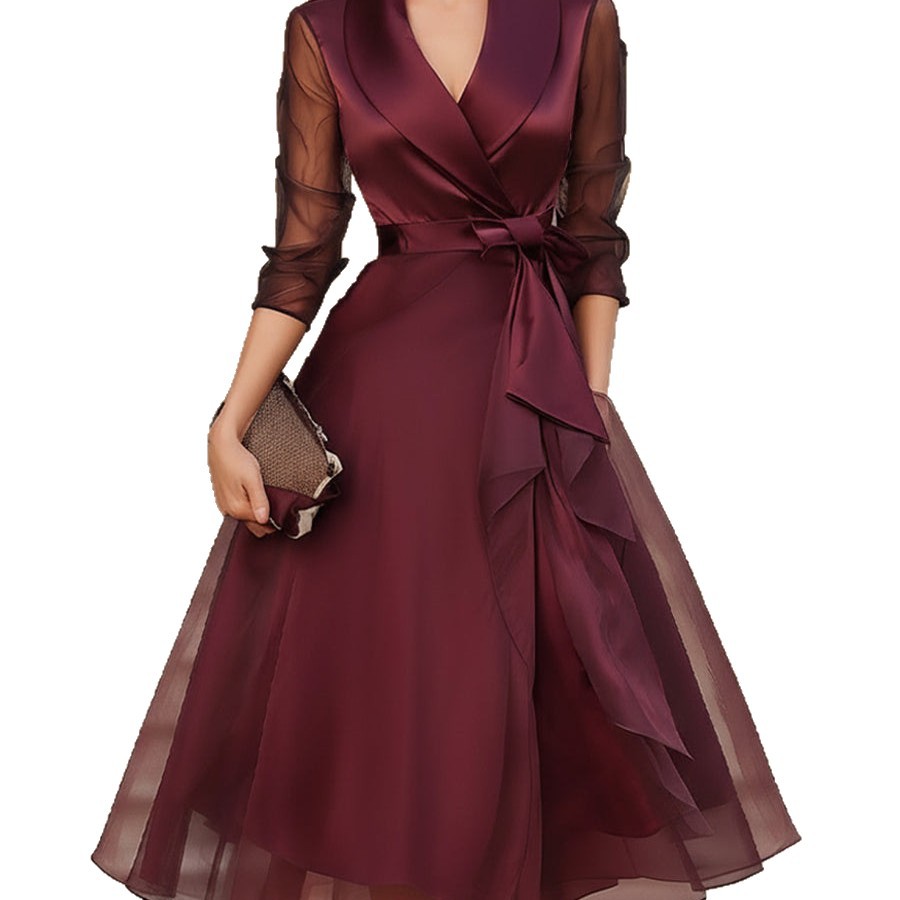 连衣裙七分袖西装领收腰显瘦中长裙女 Ladies' suit collar dress