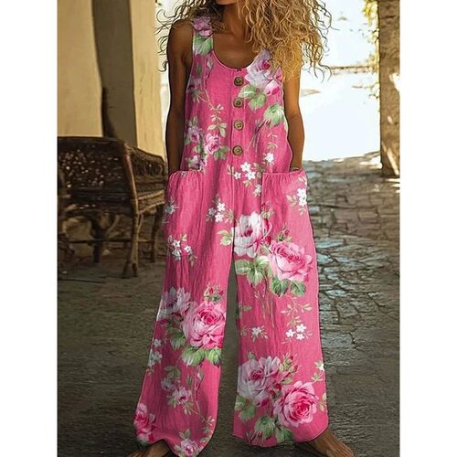 休闲无袖女口袋连体裤 Casual sleeveless loose pocket jumpsuit