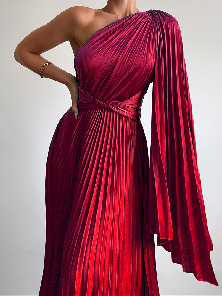 休闲斜肩无袖连衣长裙