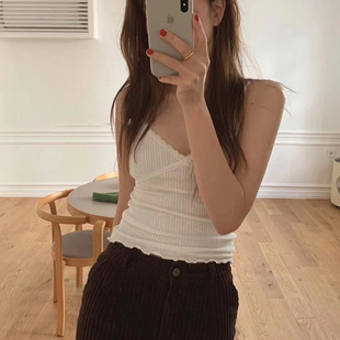 color top纯色蕾丝花边修身 lace tank 吊带背心女 laceback Solid