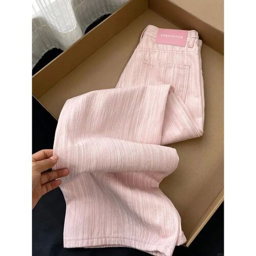 高腰肌理感粉色牛仔裤女High-waisted textured pink denim pants